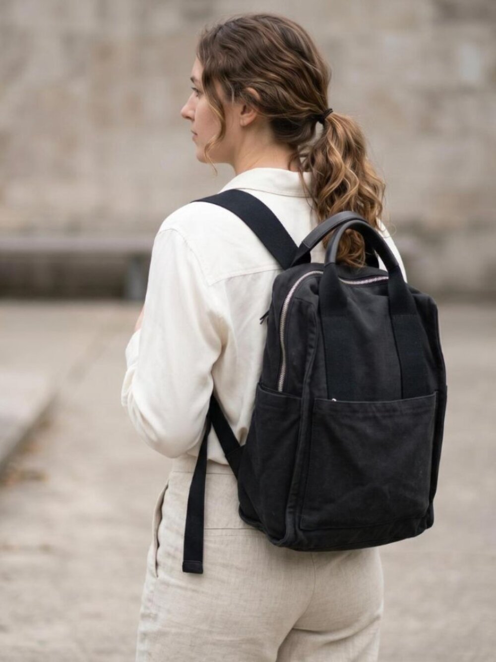Quince Black Organic Cotton Canvas Convertible Backpack Tote Handbag GUC - Picture 3 of 11